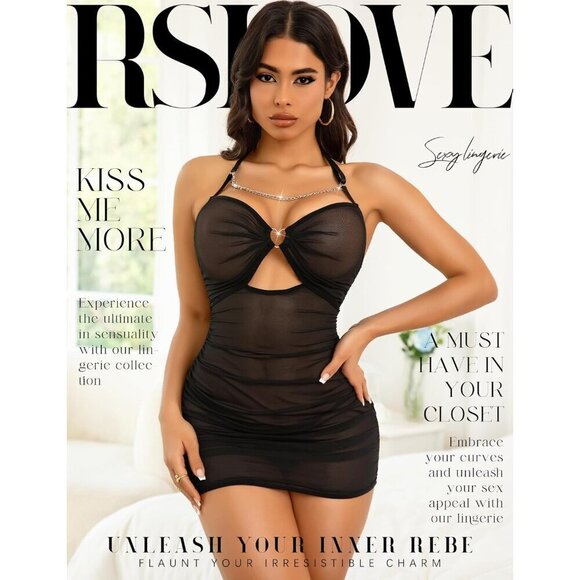 🆕 Women Black Halter Babydoll Sexy Lingerie Dress Mesh Chemise Nightdress Chain - Picture 2 of 5